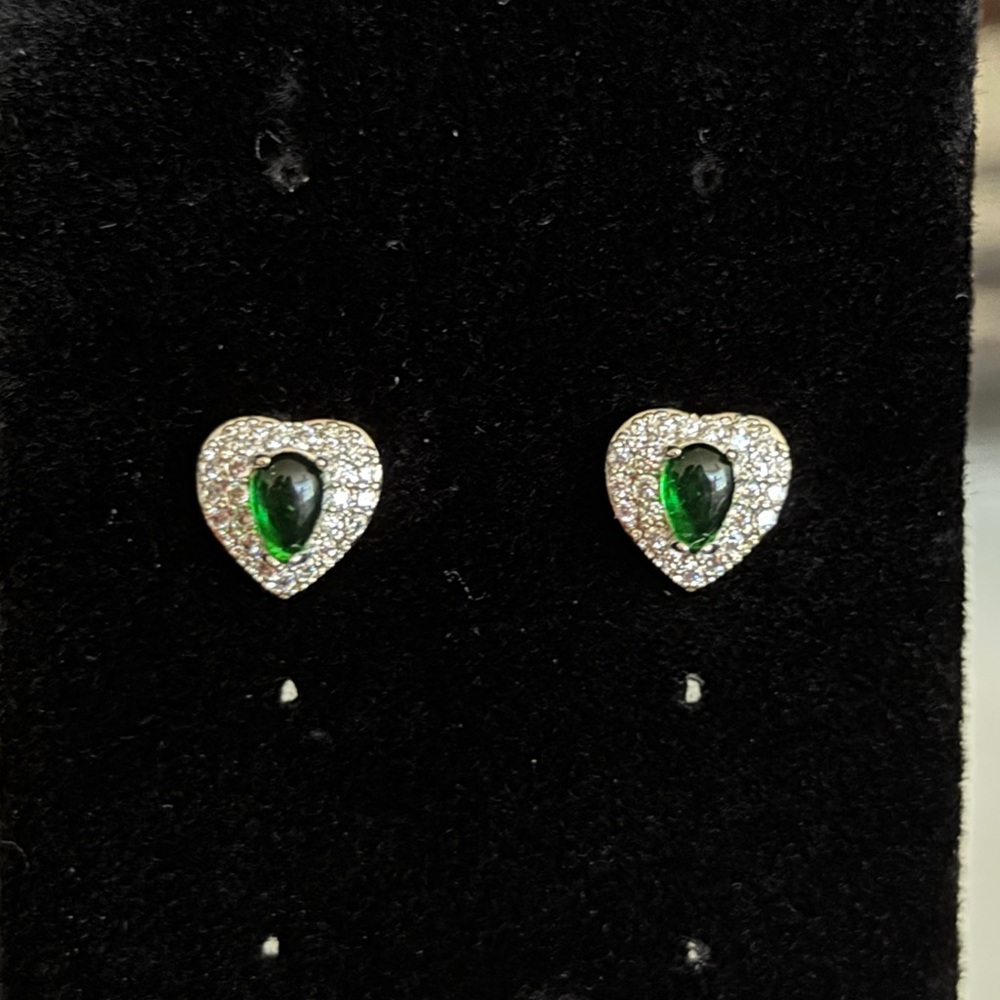 Silver and Green Gem Heart Earrings